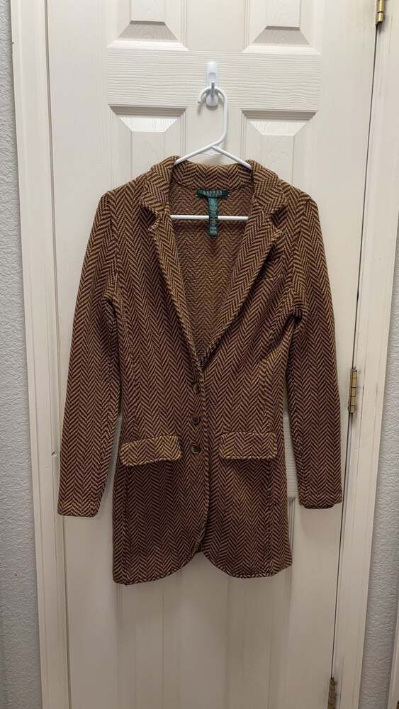 Lauren Ralph Lauren Brown Herringbone Knit Blazer Jacket, Women's Size PS